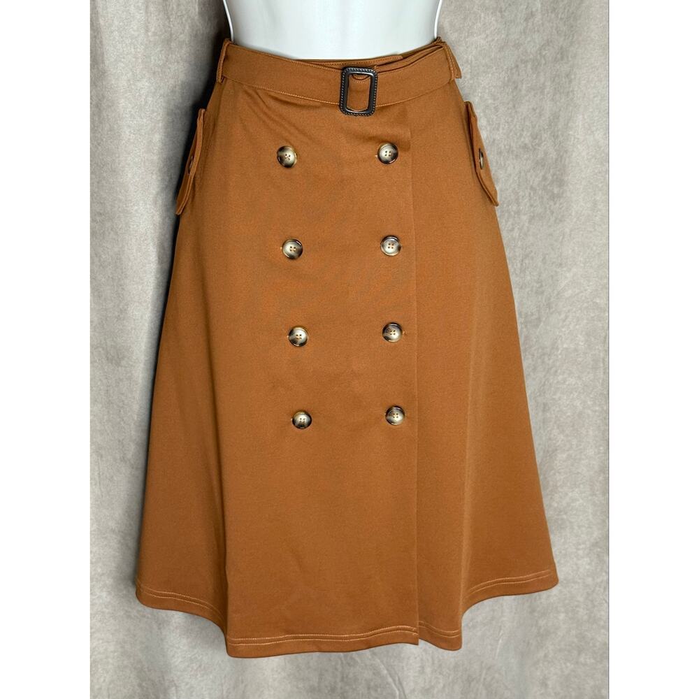 Tulip B Unique Vintage Amber Brown Button Front Belted Retro Midi Skirt L NWT - Picture 2 of 6